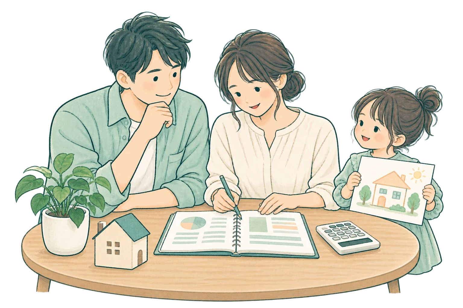 家計のノートを見ながら、子どもの将来や住まいを一緒に考える家族のイラスト