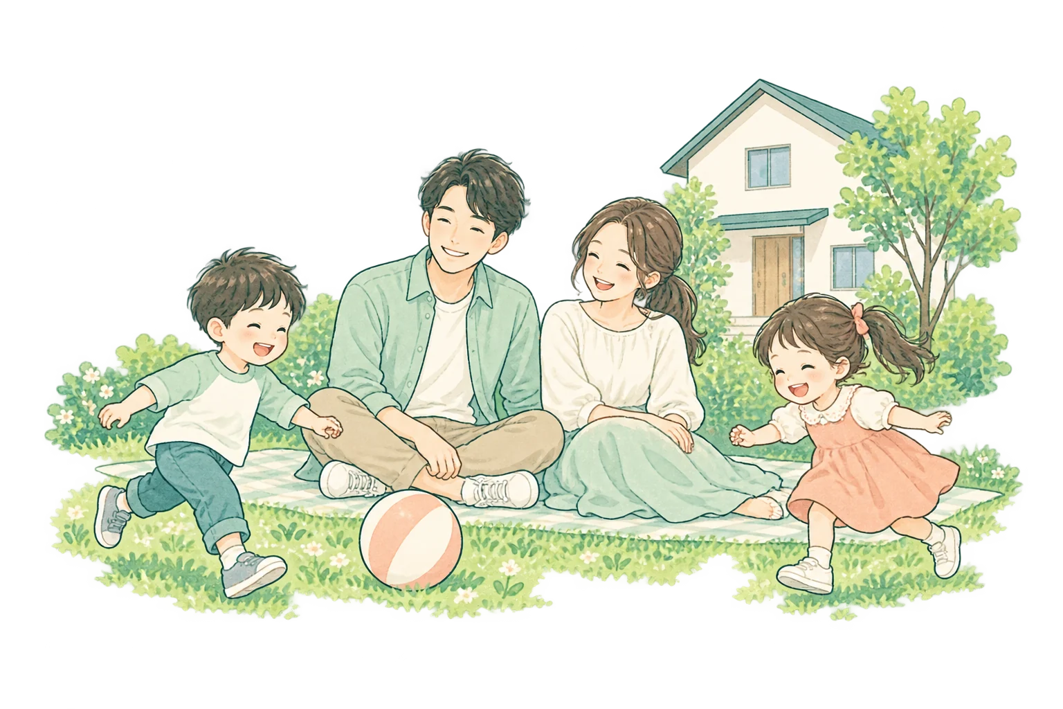 家のそばでピクニックを楽しみ、子どもと穏やかな時間を過ごす家族のイラスト