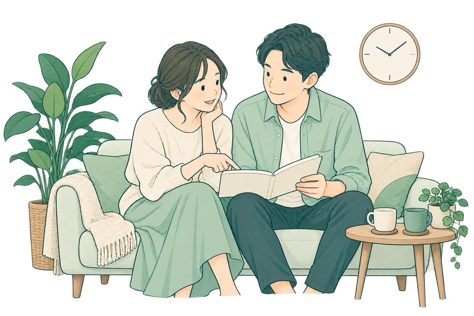 持ち帰ったノートを開き、お茶を飲みながら自宅でゆっくり話し合う夫婦のイラスト